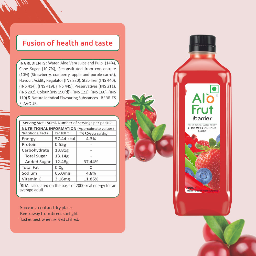 Alo Frut Berries Aloevera Chunks & Juice 300ml (Pack of 24)