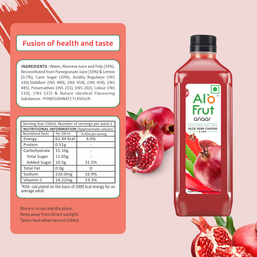 Alo Frut Anaar Aloevera Chunks & Juice 150ml (Pack of 60)
