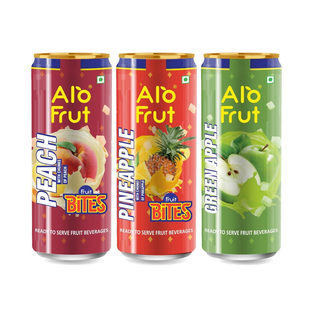 Alo Frut Assorted Drink With Fruit Bites|Peach, Green Apple & Pineapple Flavour - 250ml (Pack of 24)