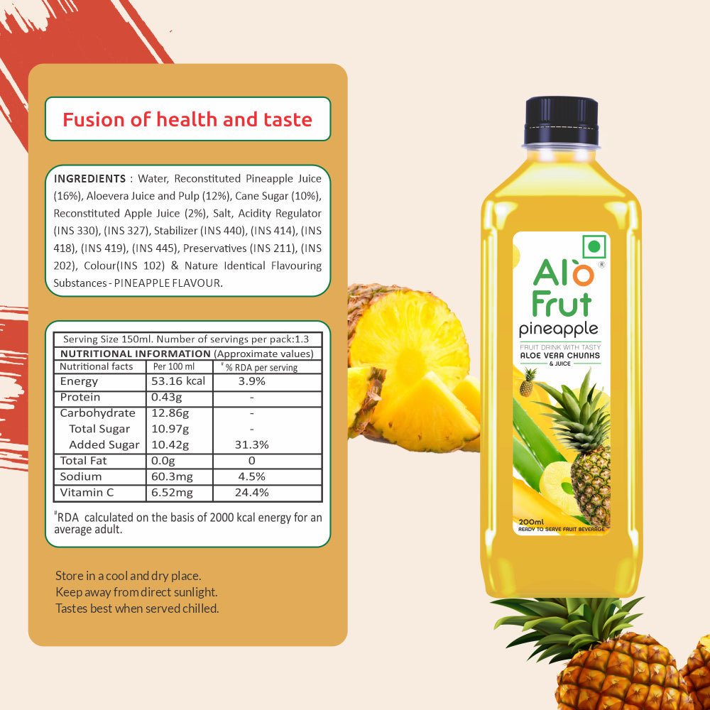 Alo Frut Pineapple Aloevera Chunks & Juice 200ml (Pack of 48)