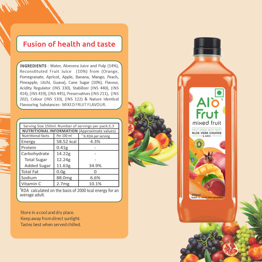 Alo Frut Mixed Fruit Aloevera Chunks & Juice 200ML (Pack of 48)