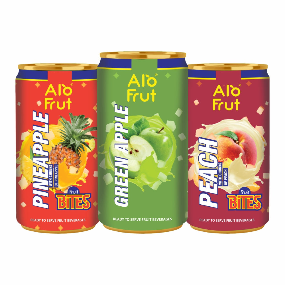 Alo Frut Assorted Drink With Fruit Bites|Peach, Green Apple & Pineapple Flavour - 180ml (Pack of 24)