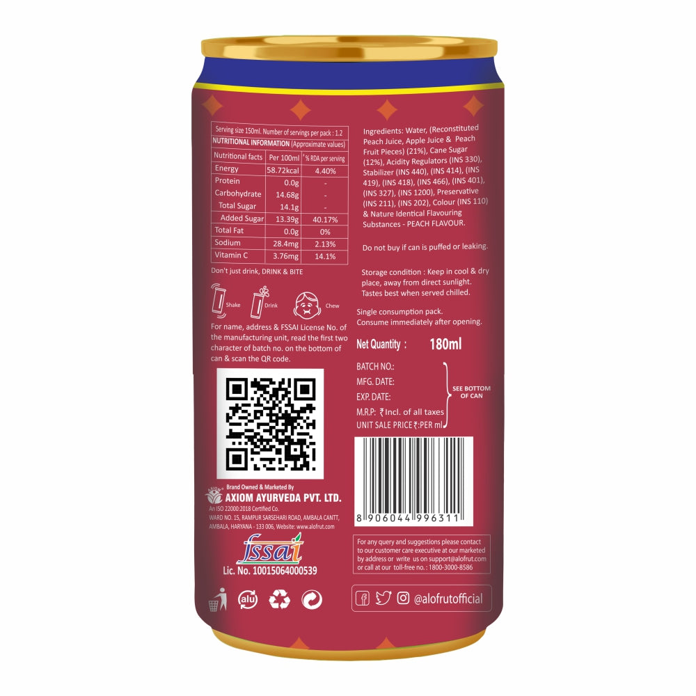 Alofrut Peach Drink With Fruit Bites -180ml (Pack Of 24)