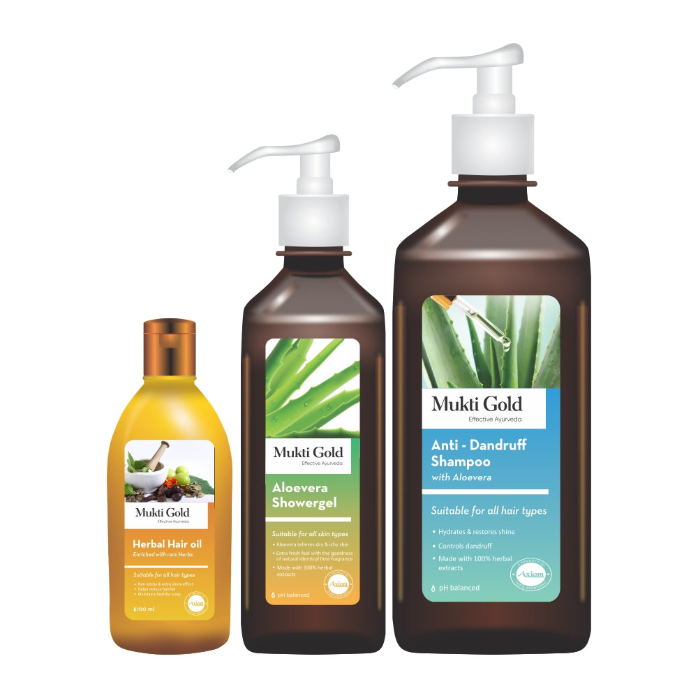Axiom Mukti Gold Anti Dandruff shampoo 400ml (Dispenser) + Hair Oil 100ml + Aloevera Showergel 250ml (Dispenser)