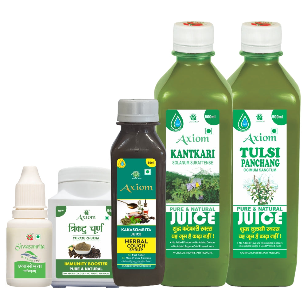Cold and Cough Combo (Shwasomrita naval ointment 15ml + Trikatu churan 100g + Kakasoamrita 160ml + Kantkari 500ml +Tulsi Juice 500ml)