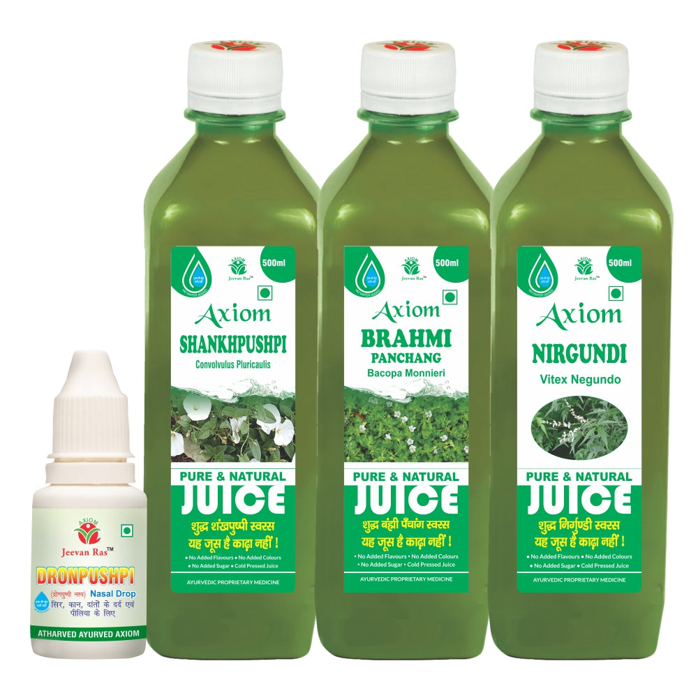 Headache and Migrain Combo (Dronpushpi nasal drop 15ml + Shankpushpi Juice 500ml + Brahmi Juice 500ml + Nirgundi Juice 500ml)