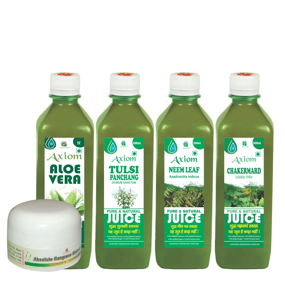 Itching Ringworm and Fungal Combo (Absolute Gangrene Ointment 25g+ Pure Aloevera 1000ml + Tulsi Juice 500ml + Neem Leaf 500ml + Chakermard 500ml)