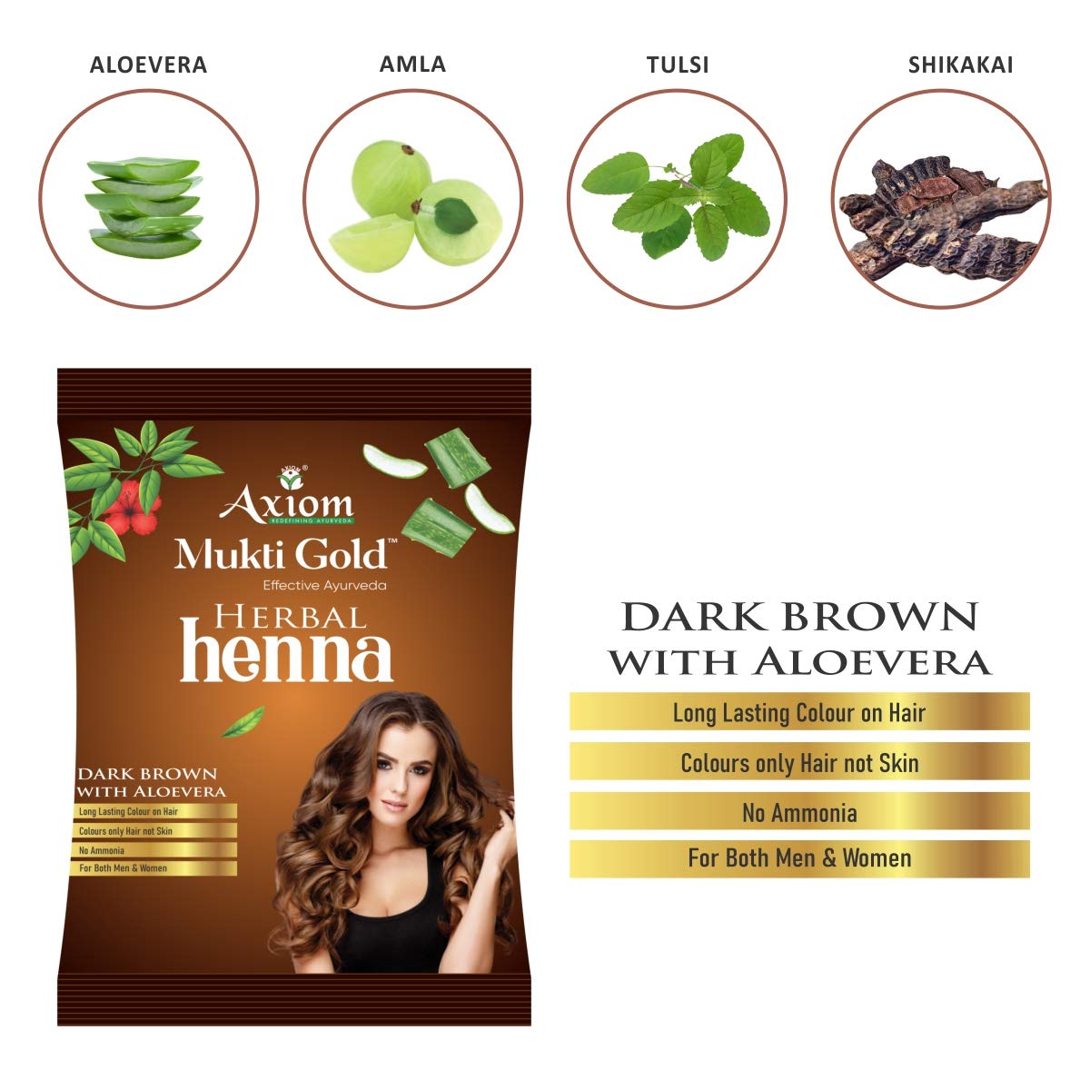 Axiom Mukti Gold Combo of Herbal Hairwash 400ml (Pack of 1) (Dispenser) & Herbal Heena Dark brown 10g With Aloevera Pack of 12