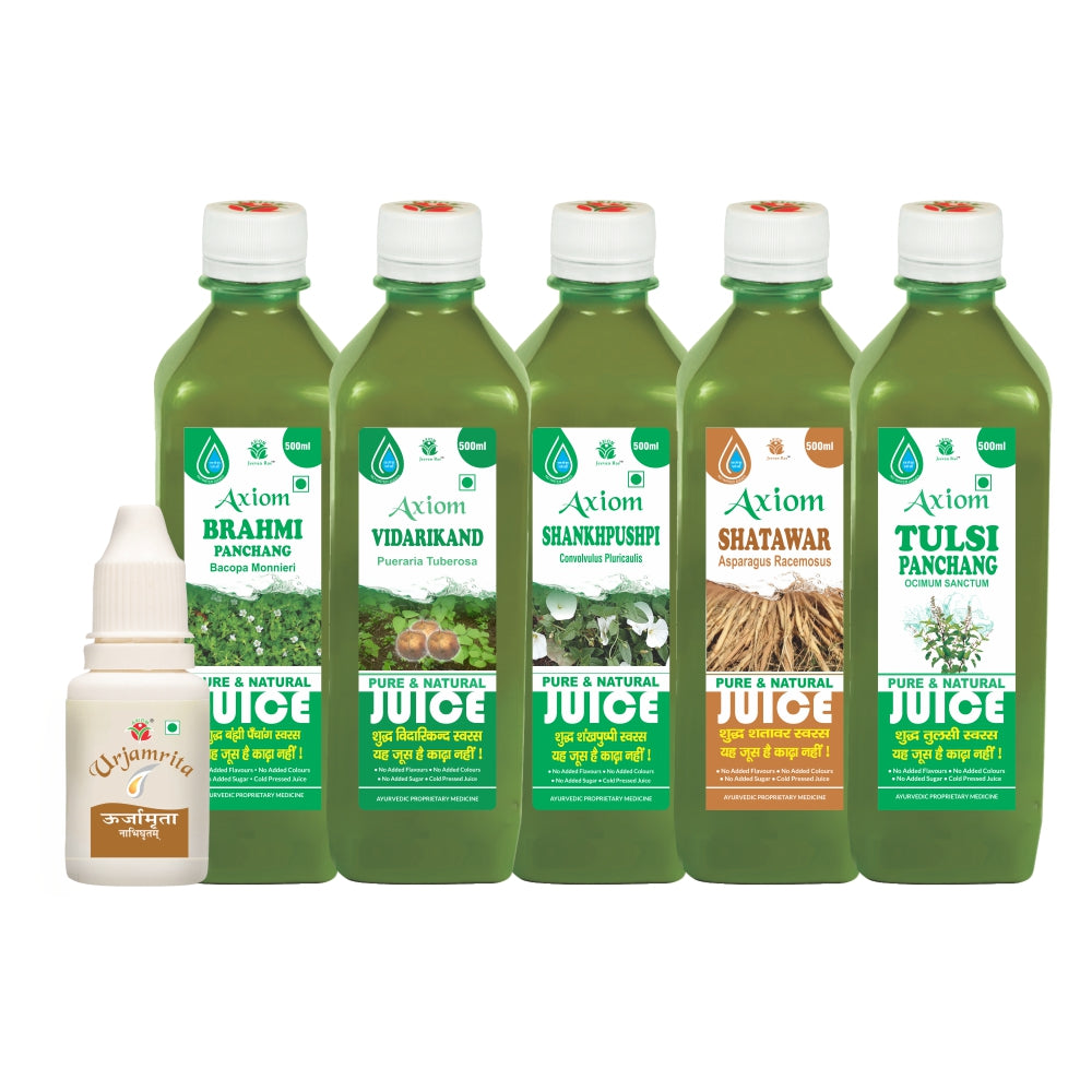 Insomnia Fatigue Combo (Urjamrita 15ml + Brahmi Juice 500ml + Vidarikand Juice 500ml + Shankhpushpi 500ml + Shatawar Juice 500ml + Tulsi Juice 500ml)