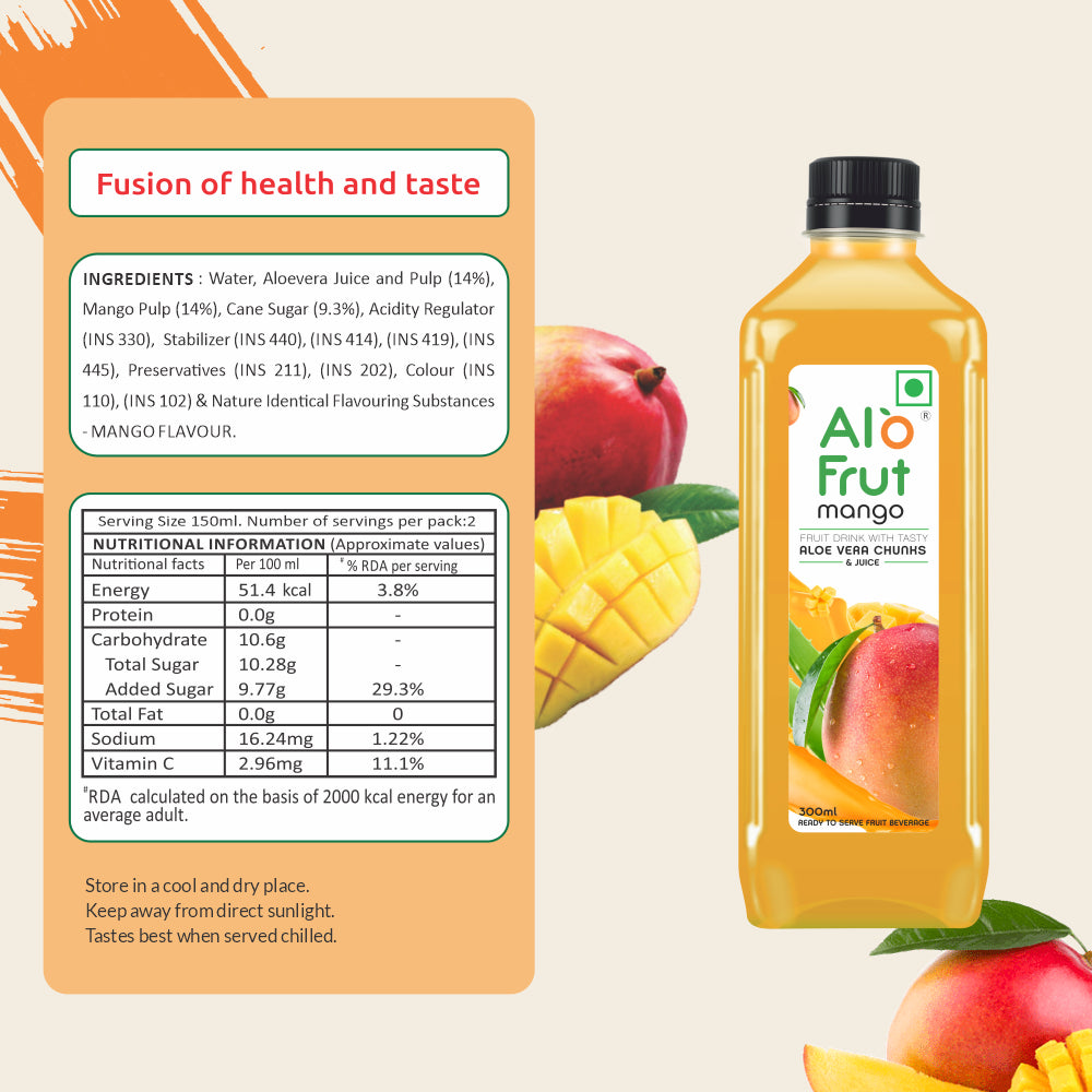 Alo Frut Mango Aloevera Chunks & Juice 300ML (Pack of 24)