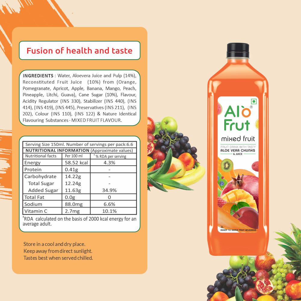 Alo Frut Mixed Fruit Aloevera Chunks & Juice 1 ltr