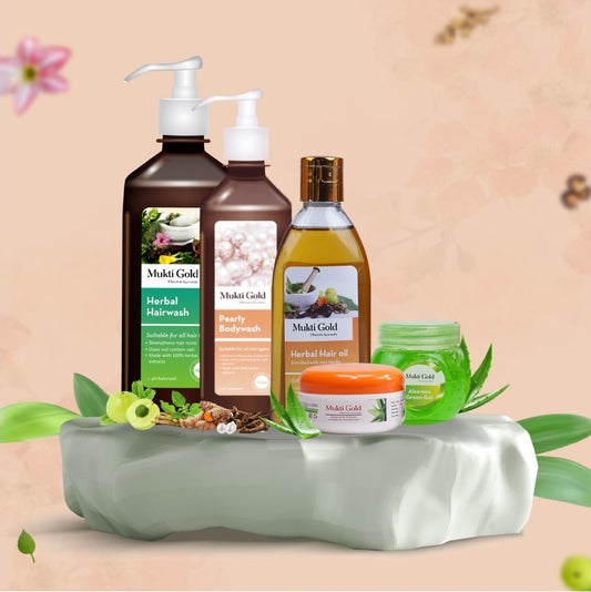 Natural Care Summer Combo for Hair & Skin Herbal Hairwash, Nourishing Hair Oil, Refreshing Pearly Bodywash, Soothing Aloe Vera Cream & Aloe Vera Gel