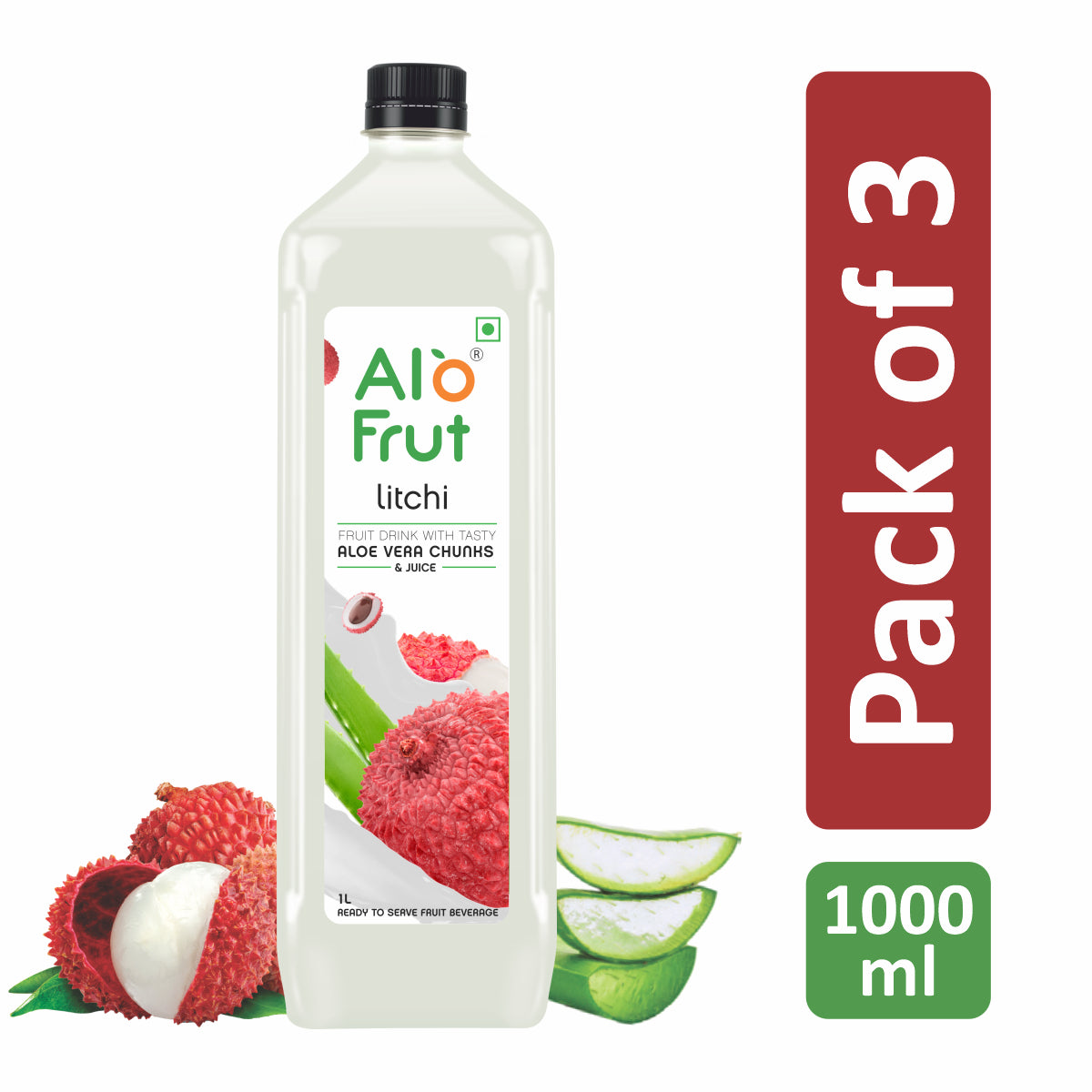 Alo Frut Litchi Aloevera Chunks & Juice 1000ml (Pack of 3)