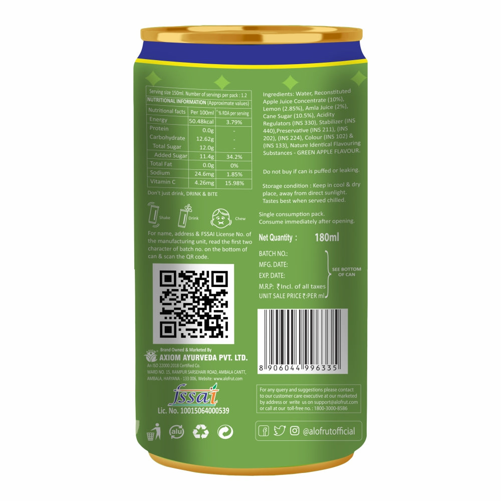 Alo frut Green Apple  Drink With Fruit  Bites - 180ML (Pack Of 24)
