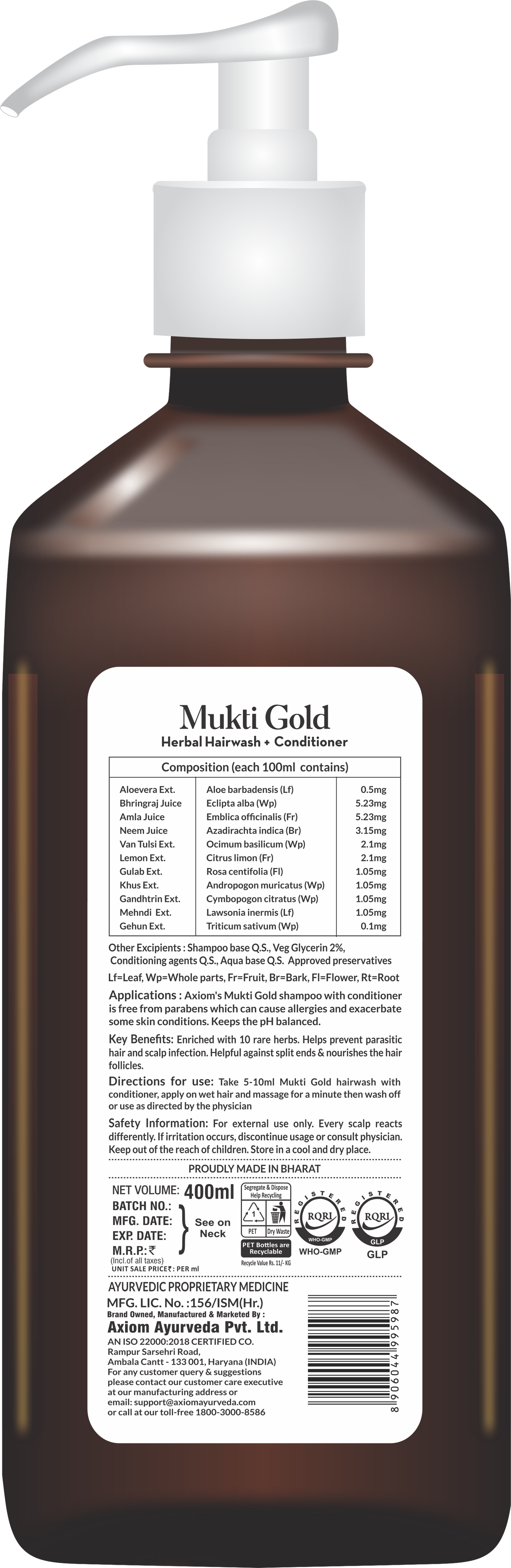 Mukti Gold Herbal Hairwash with conditioner Dispenser (400ml)