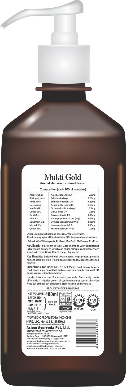 Mukti Gold Herbal Hairwash with conditioner Dispenser (400ml)