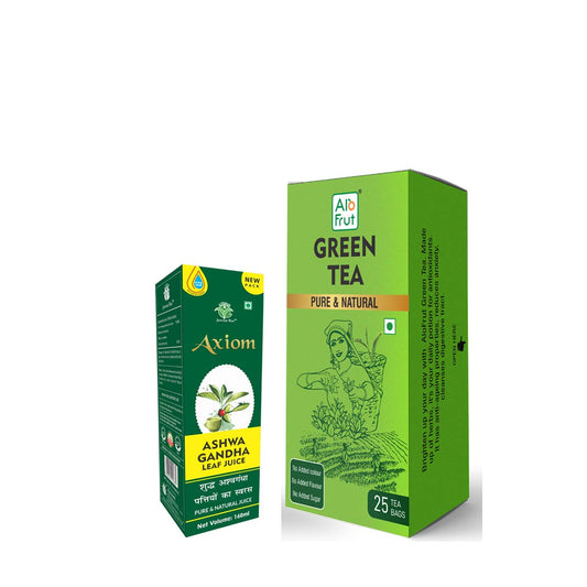 Axiom Fat Go Pack of Ashwagandha Leaf Juice 160 ml & Alo Frut Green Tea (25 sachets)