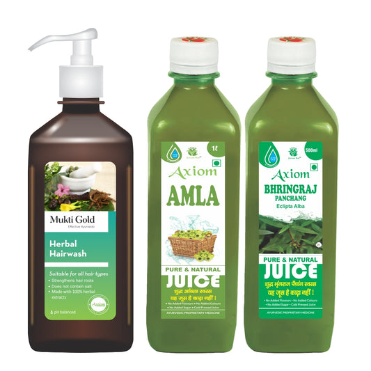 Axiom Hair Care Combo of Mukti Gold Hairwash 400ml + Bhringraaj Juice 500ml + Amla Juice 1000ml