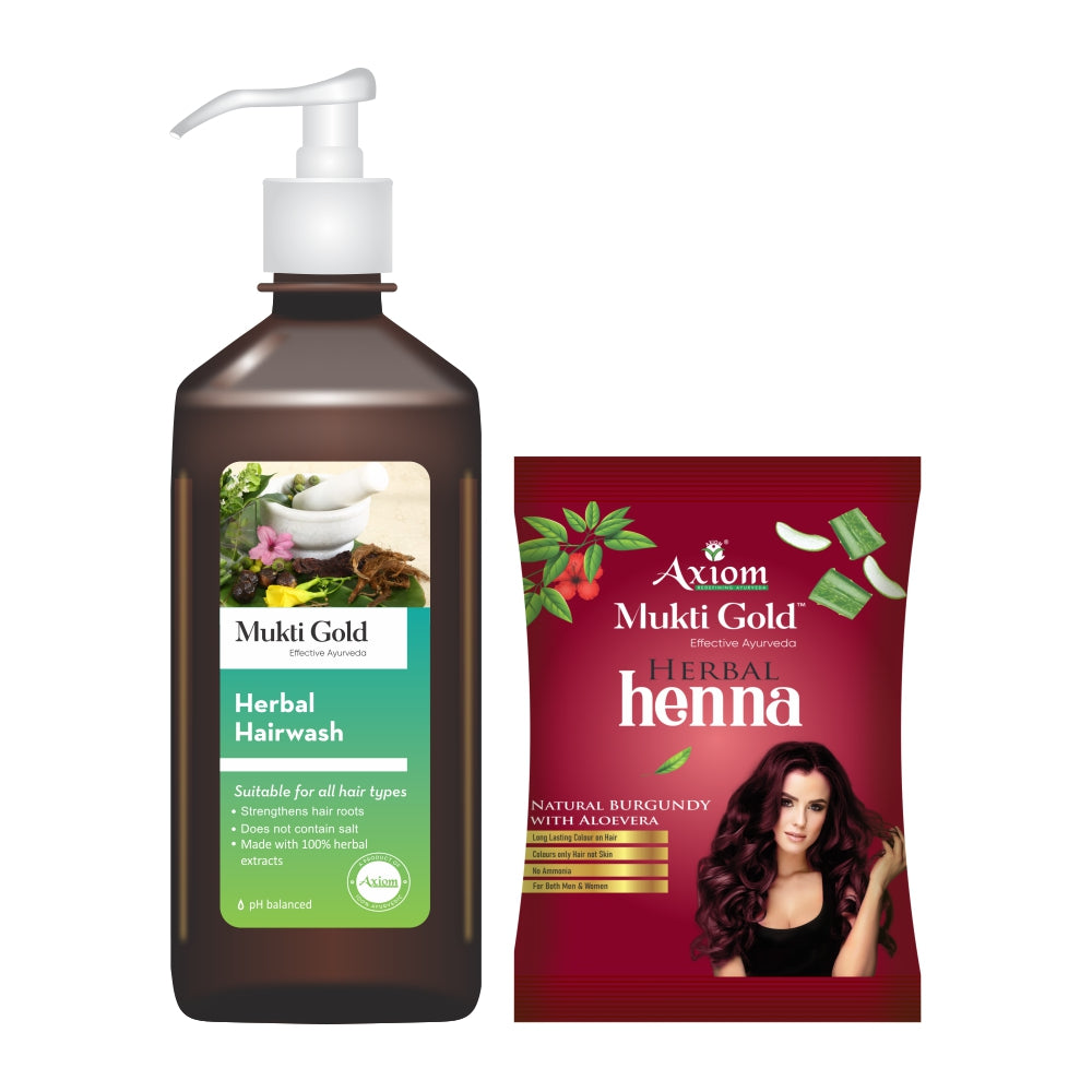 Axiom Mukti Gold Combo of Herbal Shampoo 500ml (Dispenser) & Herbal Heena Natural Brugundy With Aloevera Pack of 12