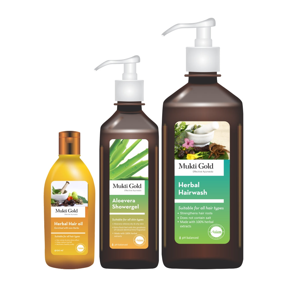 Axiom Mukti Gold  Herbal Hair wash 500ml (dispenser) + Hair Oil 100ml + Aloe vera Shower gel 250ml (Dispenser)