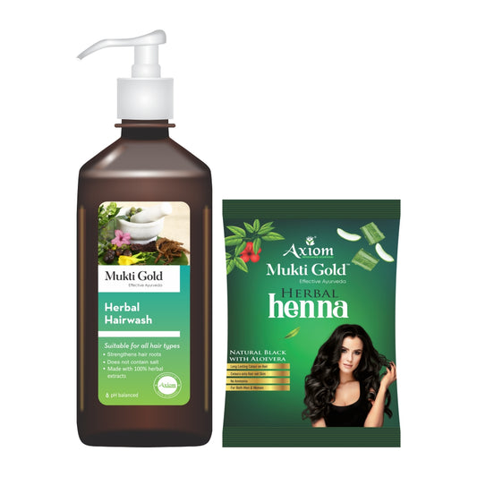 Axiom Mukti Gold Combo of Herbal Hairwash(Dispenser) 500 ml & Herbal Heena Mehndi Natural Black with Aloevera Pack of 12