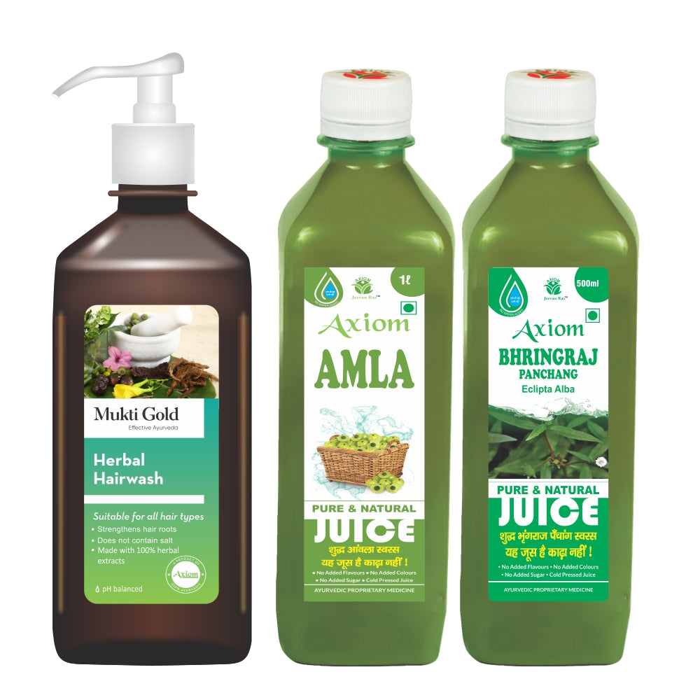 Axiom Hair Care Combo of Mukti Gold Hairwash 400ml, Bhringraaj Juice 500ml and Amla Juice 1000ml