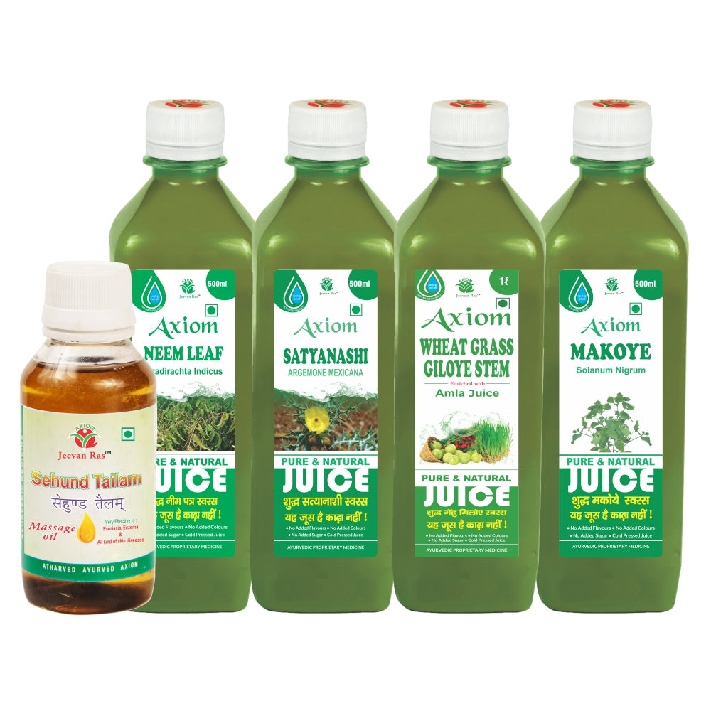 All Kind of Psoriasis Disease Combo (Sehund Tailam 100ml+ Neem Leaf Juice 500ml + Satyanashi Juice 500ml + Wheat Grass Giloye Stem Juice 1000ml + Makoye Juice 500ml)